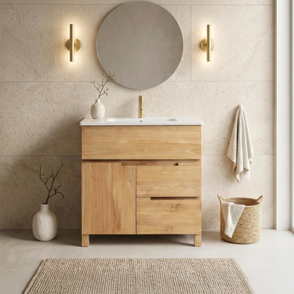 Meuble de salle de bain en bois massif de teck 80 cm, finition brillant - Olwen