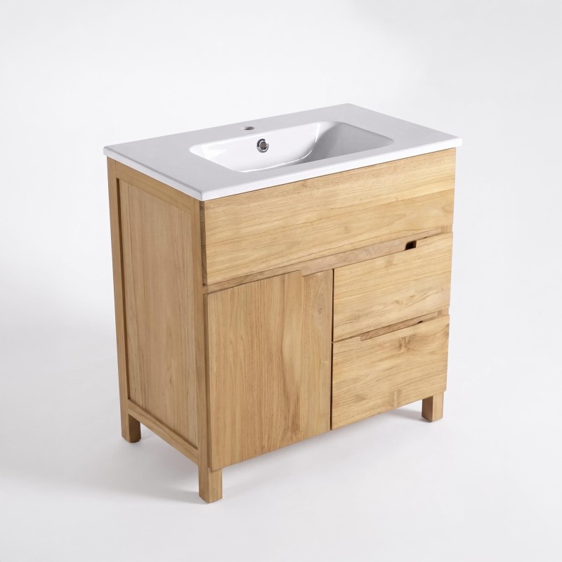 Meuble de salle de bain en bois massif de teck 80 cm, finition brillant - Olwen