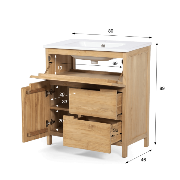 Meuble de salle de bain en bois massif de teck 80 cm, finition brillant - Olwen