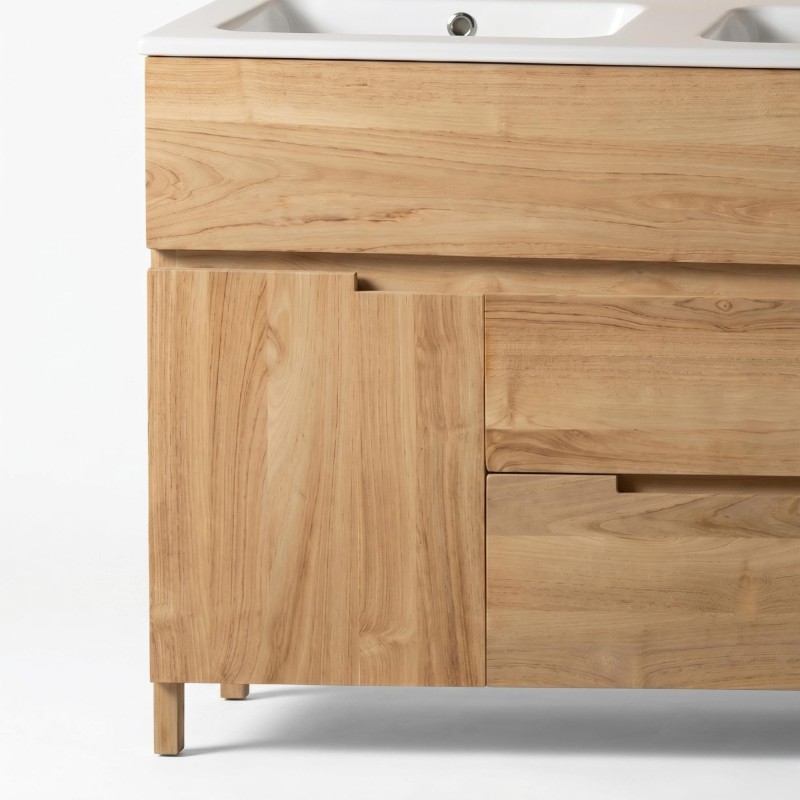 Meuble de salle de bain en bois massif de teck 120 cm, finition brillant - Olwen