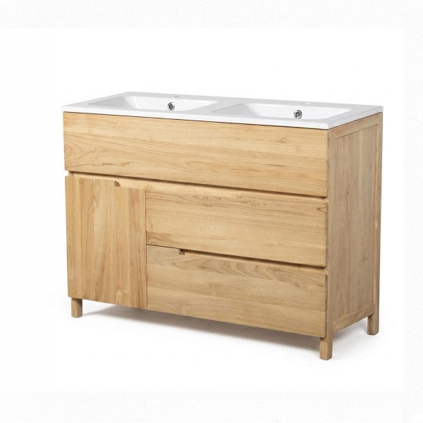 Meuble de salle de bain en bois massif de teck 120 cm, finition brillant - Olwen