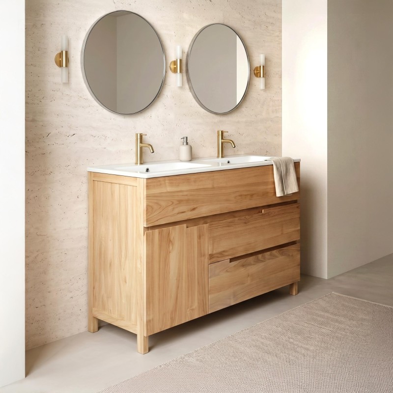 Meuble de salle de bain en bois massif de teck 120 cm, finition brillant - Olwen