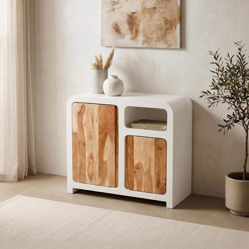 Buffet de salle à manger effet béton et bois massif d'acacia 90 cm - Mineralis
