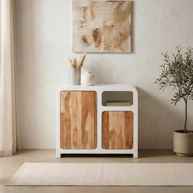 Buffet de salle à manger effet béton et bois massif d'acacia 90 cm - Mineralis