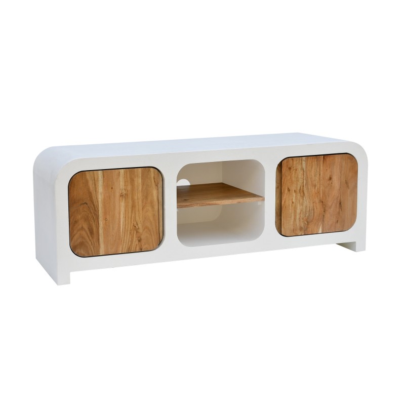 Meuble TV effet béton et bois massif d'acacia 140 cm - Mineralis