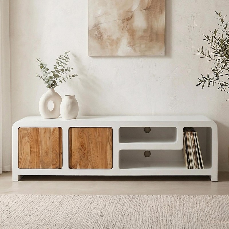 Meuble TV effet béton et bois massif d'acacia 180 cm - Mineralis
