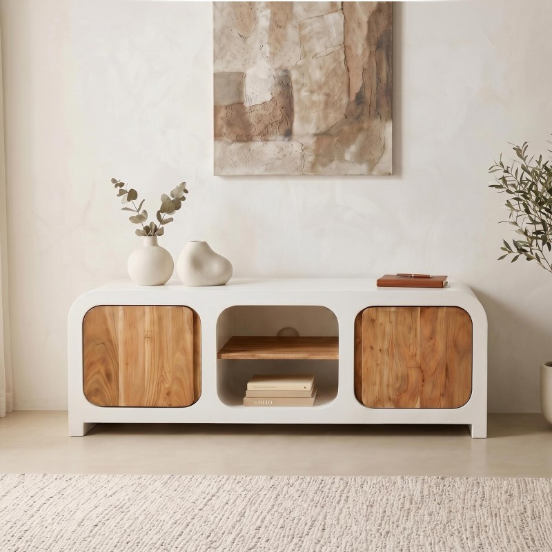Meuble TV effet béton et bois massif d'acacia 140 cm - Mineralis