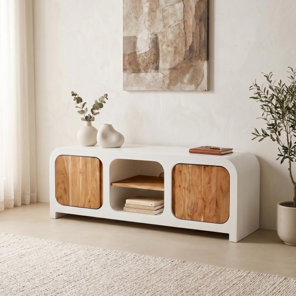 Meuble TV effet béton et bois massif d'acacia 140 cm - Mineralis