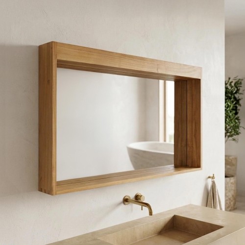 Miroir rectangulaire 120 cm cadre en teck massif avec emplacement lampes
