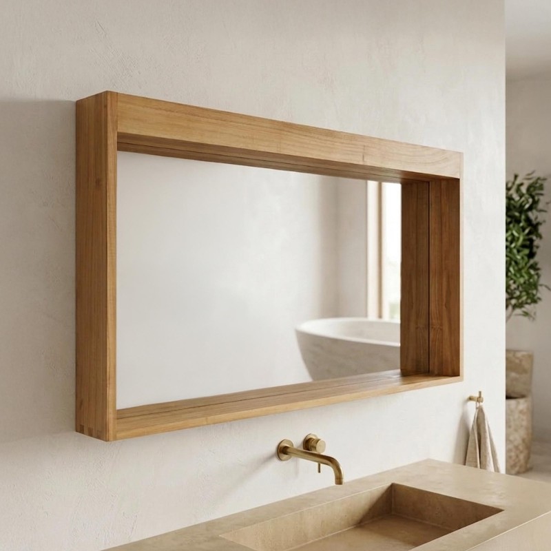 Miroir rectangulaire 140 cm cadre en teck massif avec emplacement lampes