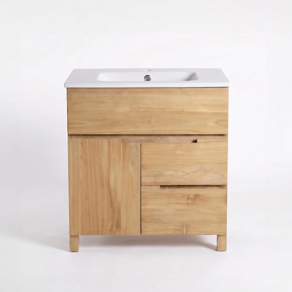 Meuble de salle de bain en bois massif de teck 80 cm, finition mat - Olwen