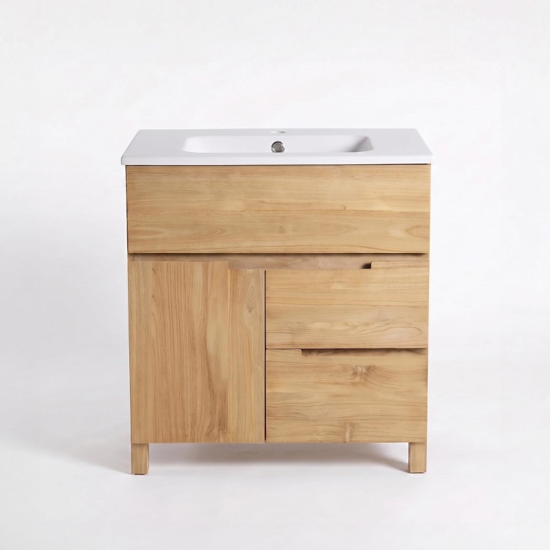 Meuble de salle de bain en bois massif de teck 80 cm, finition mat - Olwen