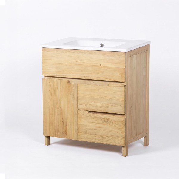 Meuble de salle de bain en bois massif de teck 80 cm, finition mat - Olwen