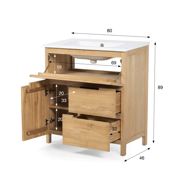 Meuble de salle de bain en bois massif de teck 80 cm, finition mat - Olwen