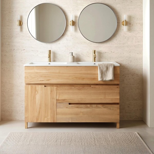 Meuble de salle de bain en bois massif de teck 120 cm, finition mat - Olwen