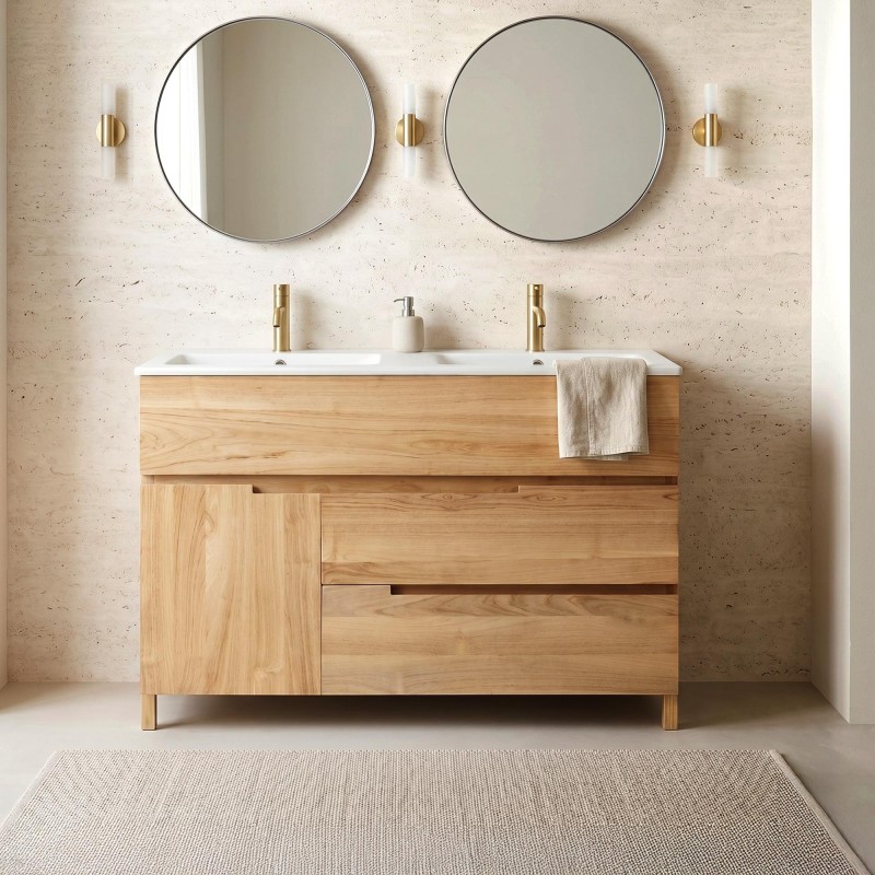 Meuble de salle de bain en bois massif de teck 120 cm, finition mat - Olwen