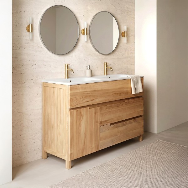 Meuble de salle de bain en bois massif de teck 120 cm, finition mat - Olwen