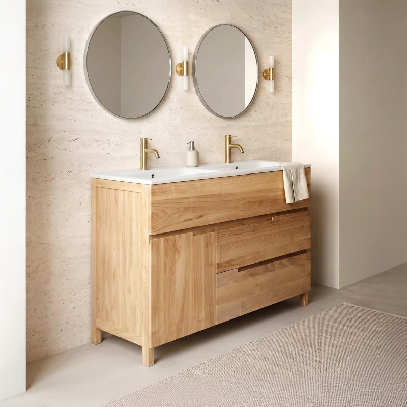 Meuble de salle de bain en bois massif de teck 120 cm, finition mat - Olwen