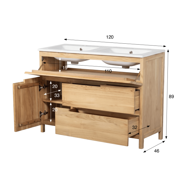 Meuble de salle de bain en bois massif de teck 120 cm, finition mat - Olwen