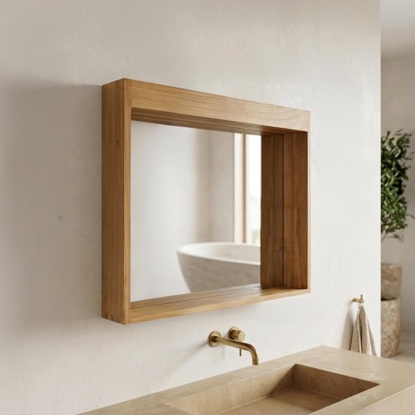 Miroir rectangulaire 90 cm cadre en teck massif avec emplacement lampes