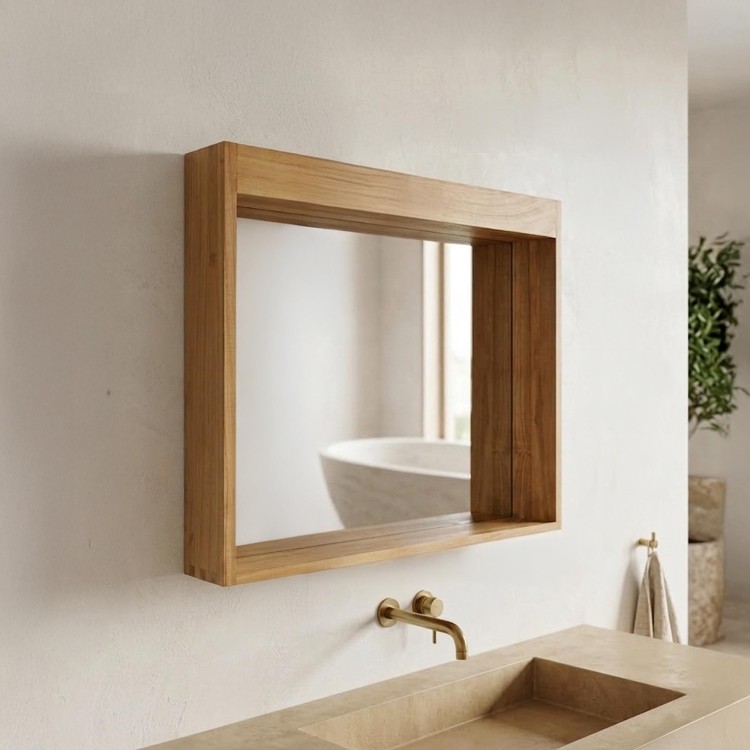 Miroir rectangulaire 90 cm cadre en teck massif avec emplacement lampes