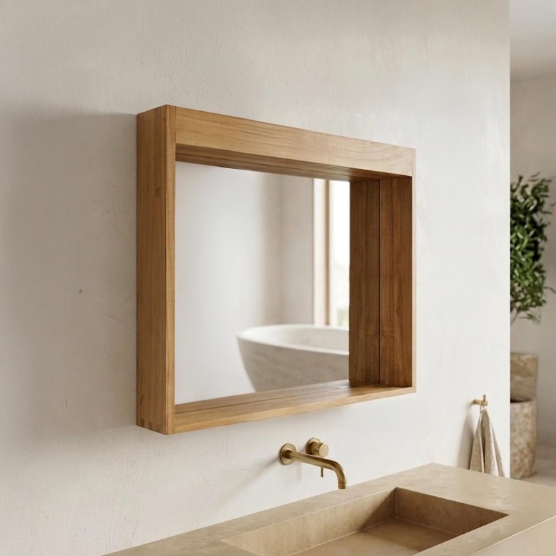 Miroir rectangulaire 90 cm cadre en teck massif avec emplacement lampes