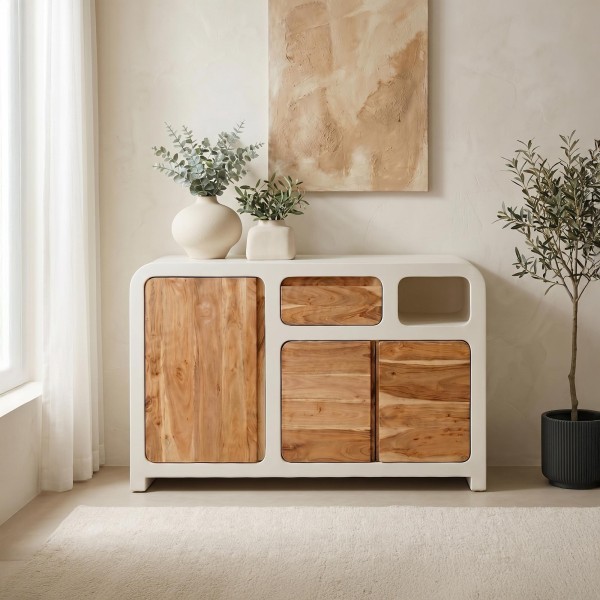 Buffet pour salle à manger effet béton et bois massif d'acacia - Mineralis
