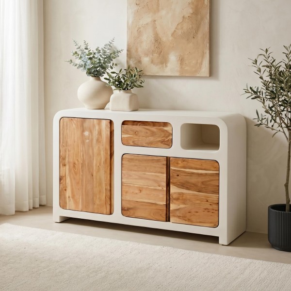 Buffet pour salle à manger effet béton et bois massif d'acacia - Mineralis