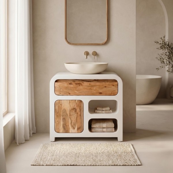 Meuble sous vasque effet béton et bois massif d'acacia 80 cm - Mineralis