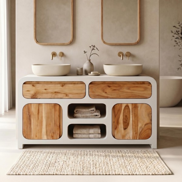 Meuble sous vasque effet béton et bois massif d'acacia 140 cm - Mineralis