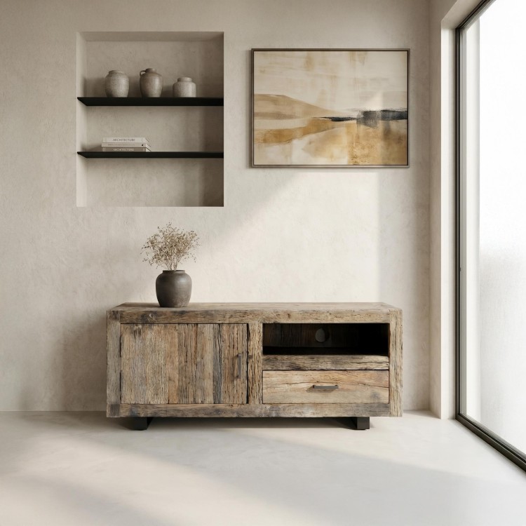 Meuble TV en bois foncé brut et ancien 110 cm - Antique
