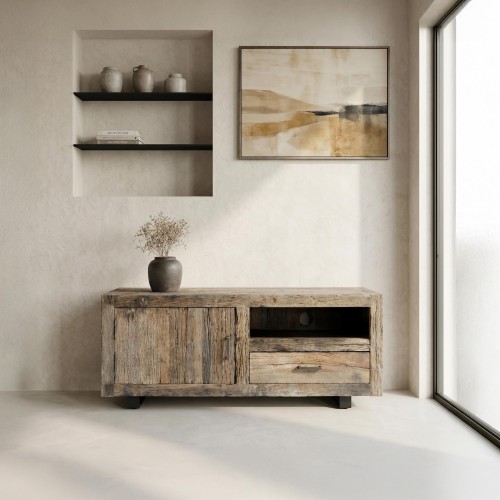 Meuble TV en bois foncé brut et ancien 110 cm - Antique