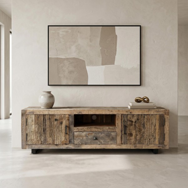 Meuble TV en bois foncé brut et ancien 160 cm - Antique
