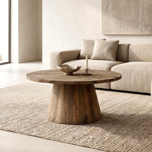 Table basse ronde en bois massif brut et ancien - Antique