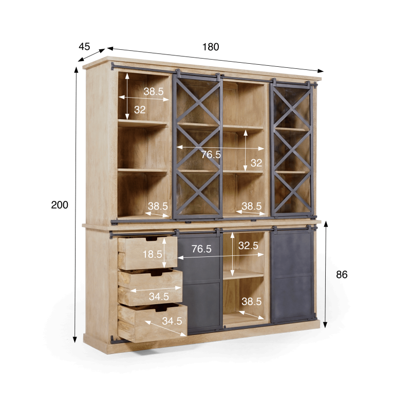 Vaisselier en bois massif de style industriel 180 cm - Detroit