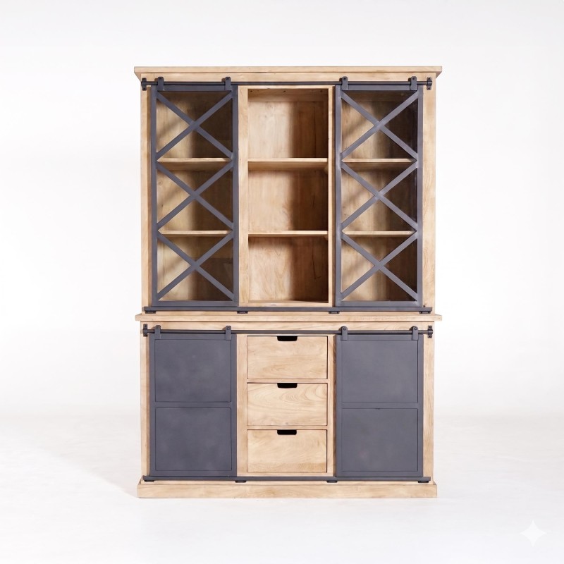 Vaisselier en bois massif de style industriel 140 cm - Detroit