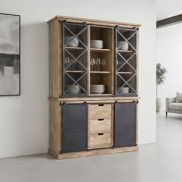 Vaisselier en bois massif de style industriel 140 cm - Detroit