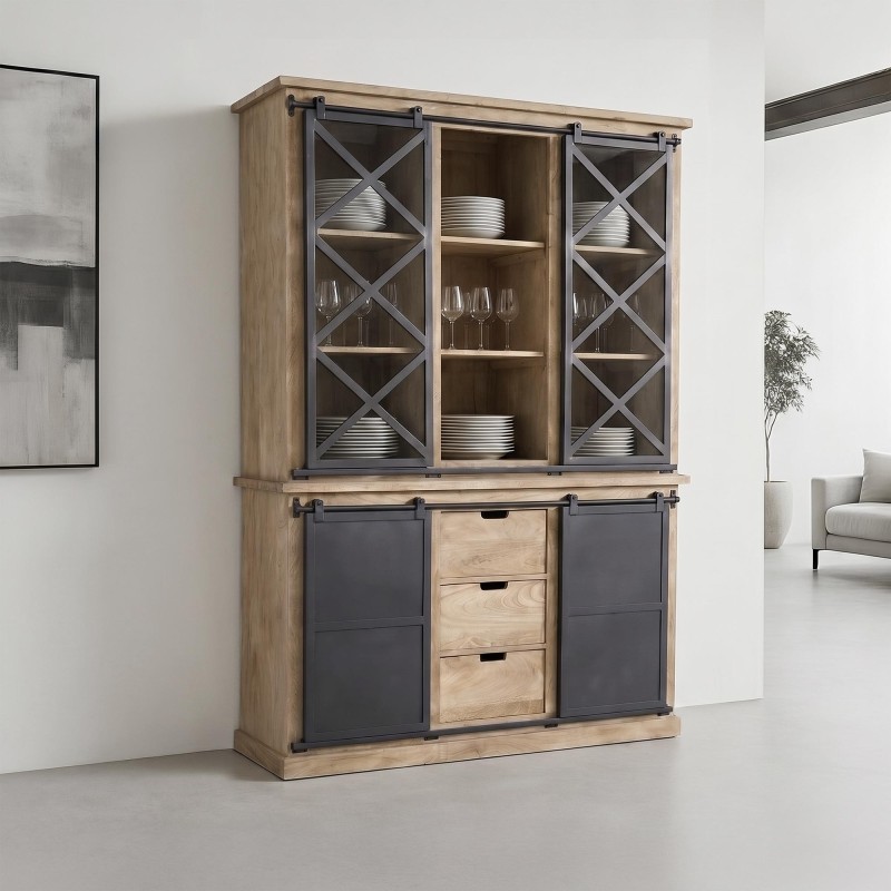 Vaisselier en bois massif de style industriel 140 cm - Detroit