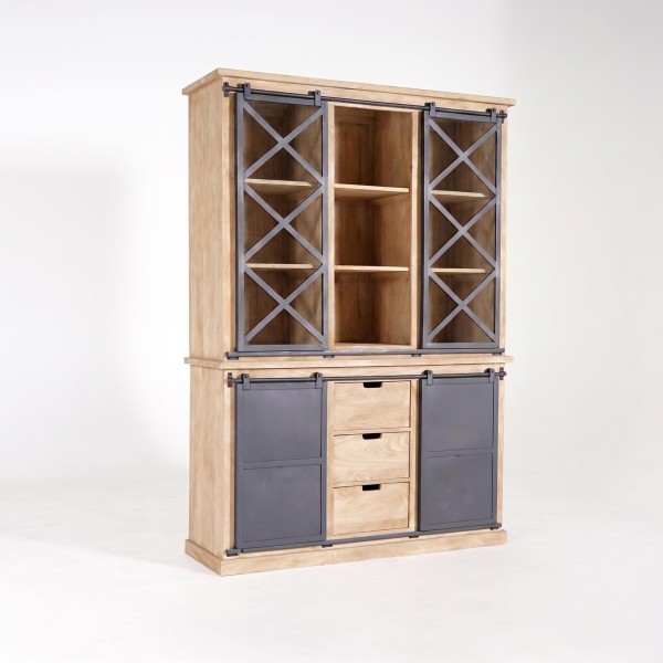 Vaisselier en bois massif de style industriel 140 cm - Detroit