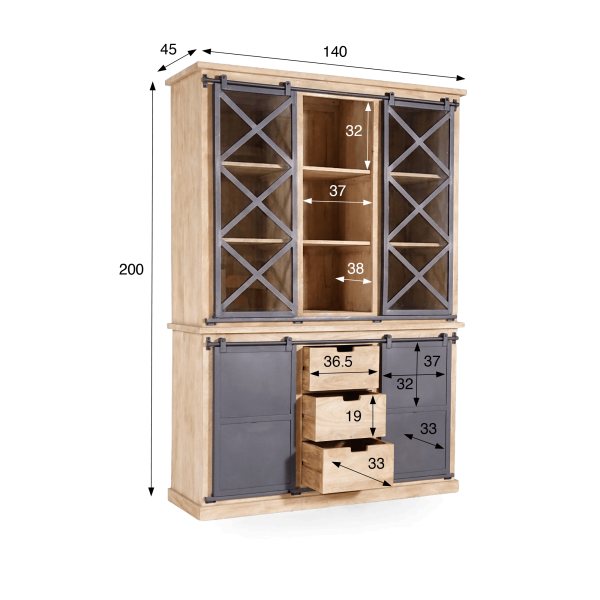 Vaisselier en bois massif de style industriel 140 cm - Detroit
