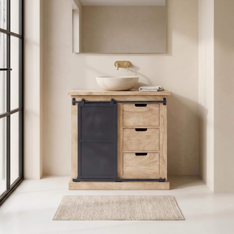 Meuble sous vasque en bois massif et métal 80 cm - Detroit