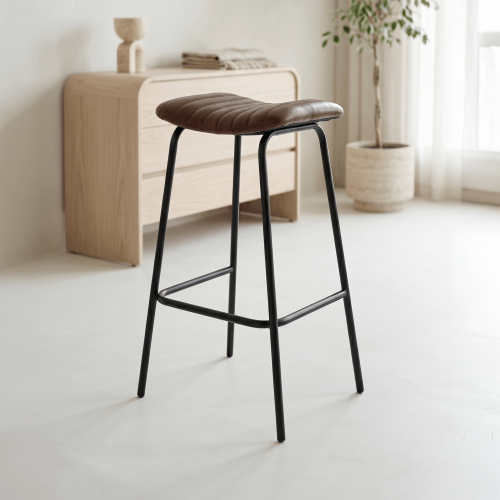 Tabouret haut en cuir naturel et métal