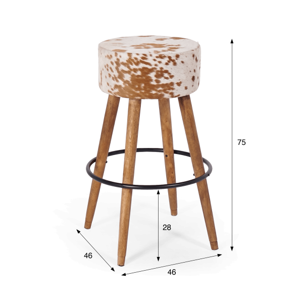 Tabouret de bar en bois et assise en peau de vache naturelle - Ranch