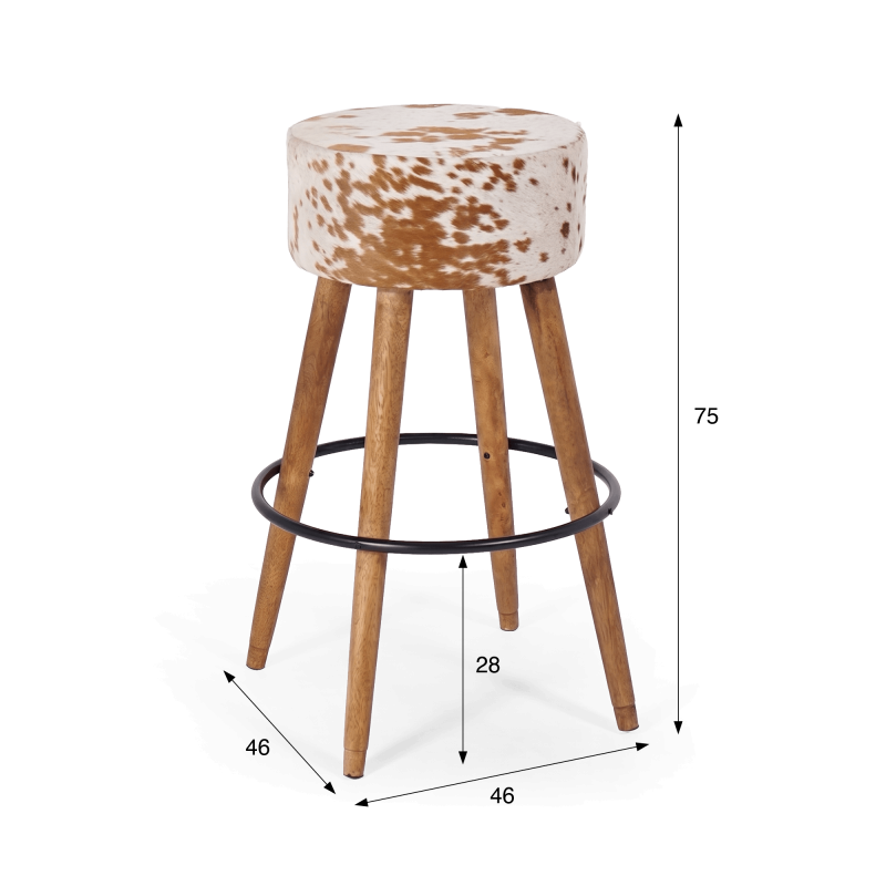 Tabouret de bar en bois et assise en peau de vache naturelle - Ranch