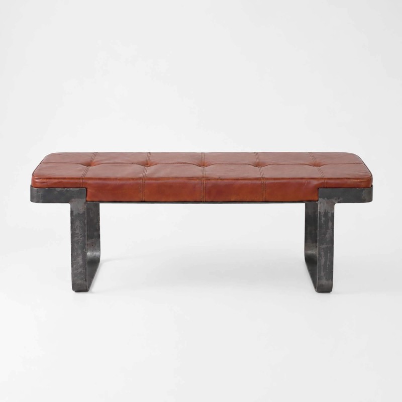 Banc industriel en cuir marron et métal