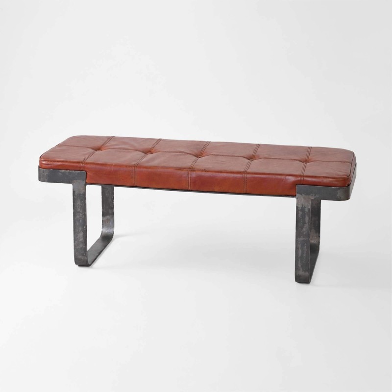Banc industriel en cuir marron et métal