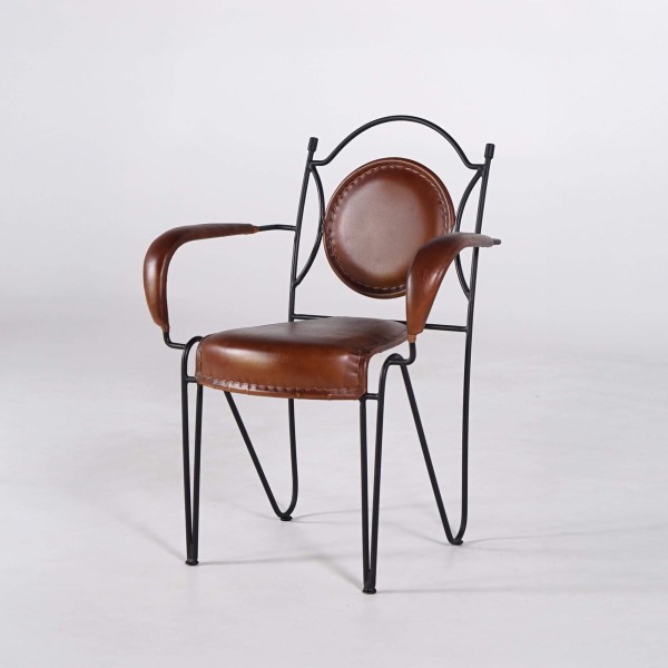 Chaise vintage cuir et métal "Faites comme chez vous"