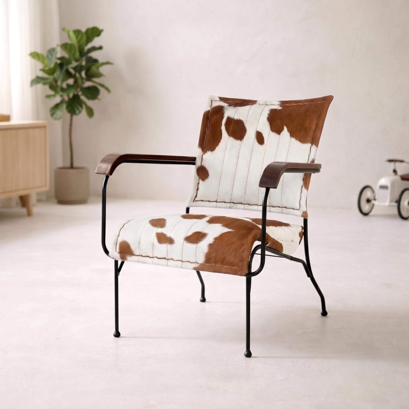 Fauteuil en peau de vache véritable brun/blanc