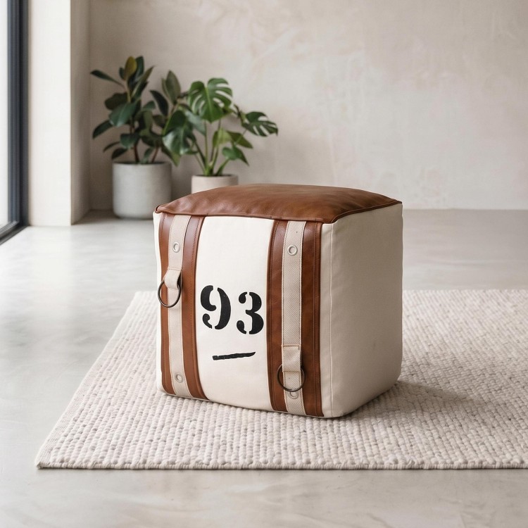 Pouf en cuir et tissu de style vintage "93"
