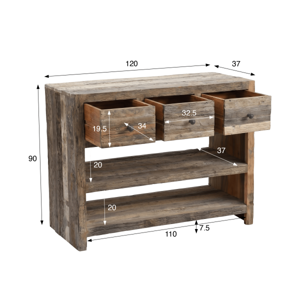 Console 3 tiroirs en bois foncé brut et ancien - Antique
